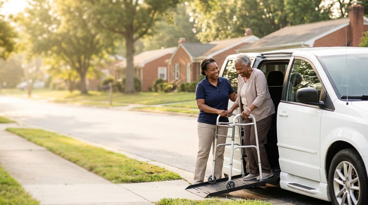 A Trusted Transit caregiver assisting a passenger up the van ramp