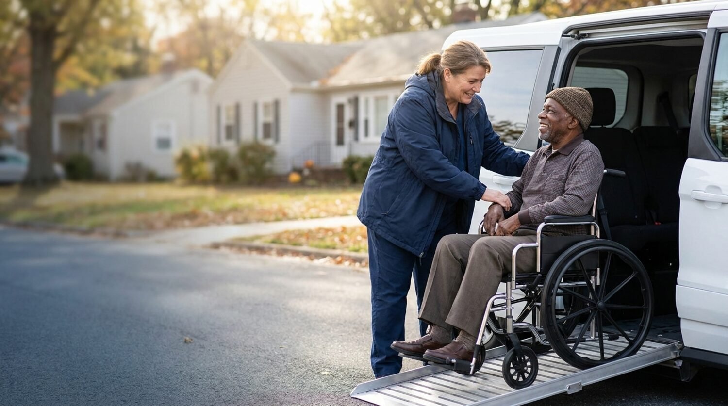 A Trusted Transit caregiver assisting a passenger in a wheelchair up the van ramp