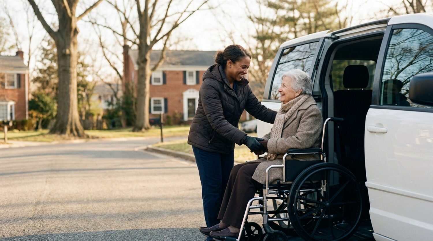 A Trusted Transit caregiver helping a passenger who uses a wheelchair board an accessible van