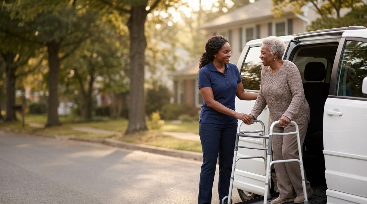 A Trusted Transit caregiver helping a senior passenger who uses a walker
